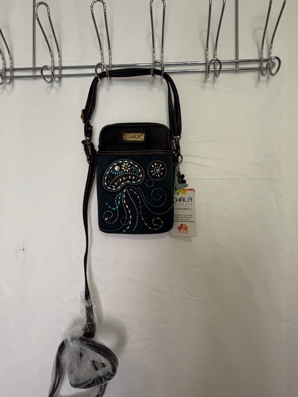 Chala Black Crossbody Phone Bag with Turquoise Embellishments​